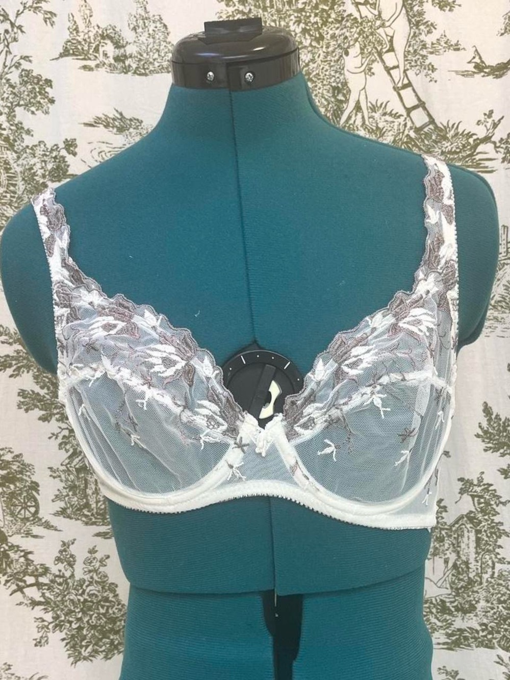 Sheer Embroidered Underwire Bra in White and Gray